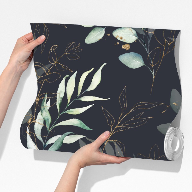 Fototapeta akwarelowe liście eukaliptusa na ciemnym tle – Wallissimo® Fototapeta akwarelowe liście eukaliptusa na ciemnym tle – Wallissimo®