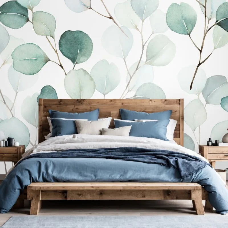 Wall mural soft eucalyptus watercolor leaves pattern