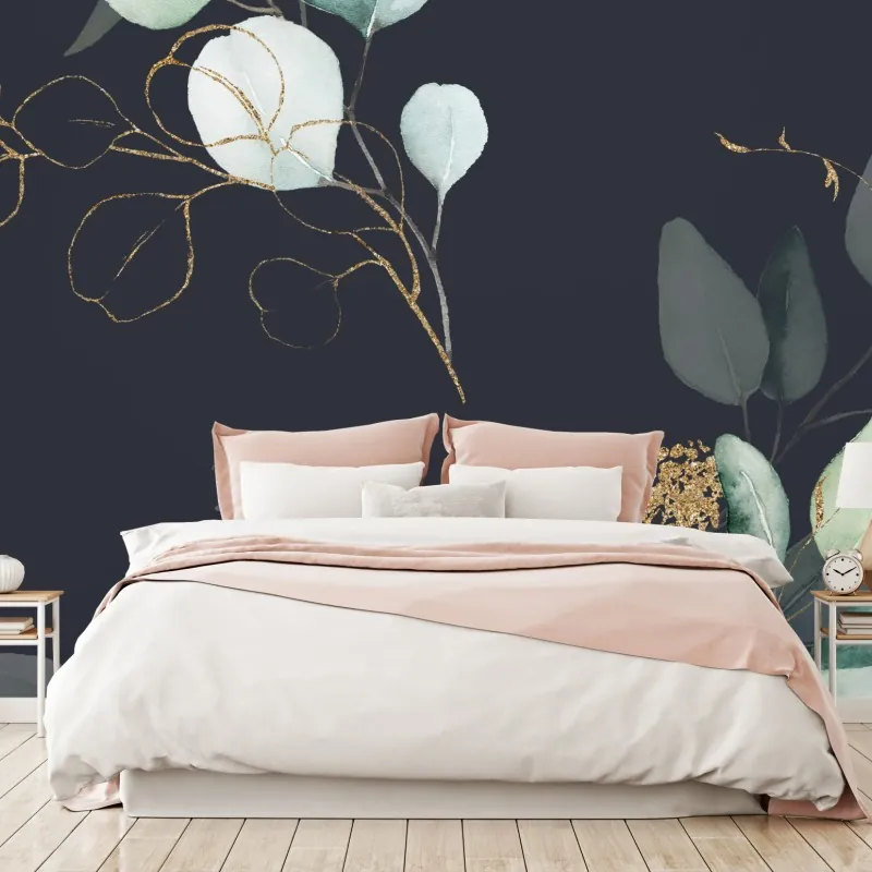 Wall mural eucalyptus watercolor leaves on dark background