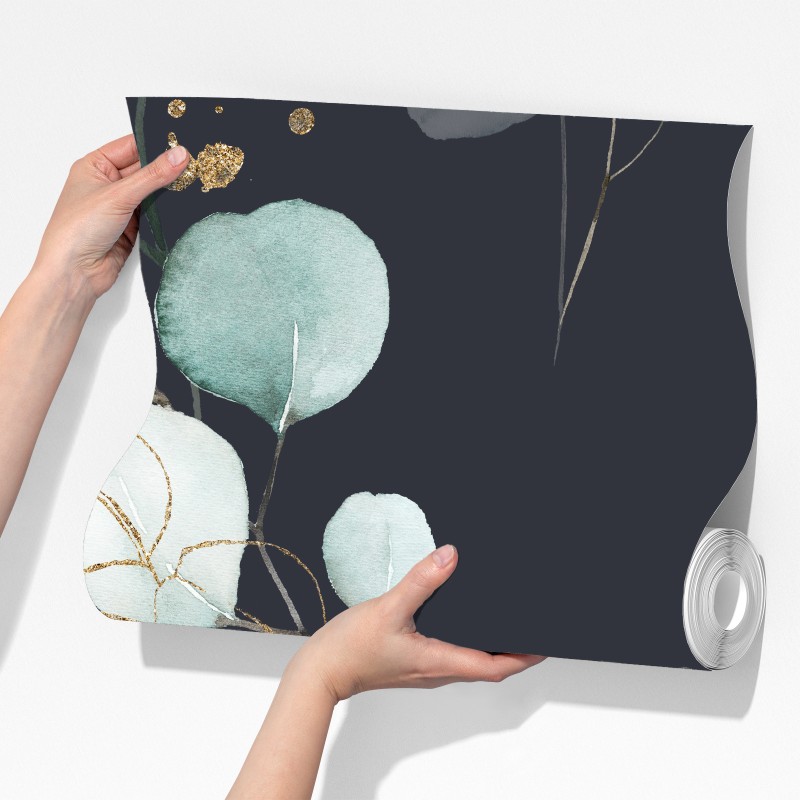 Fototapeta eukaliptusowe liście akwarelowe na ciemnym tle – Wallissimo® Fototapeta eukaliptusowe liście akwarelowe na ciemnym tle – Wallissimo®