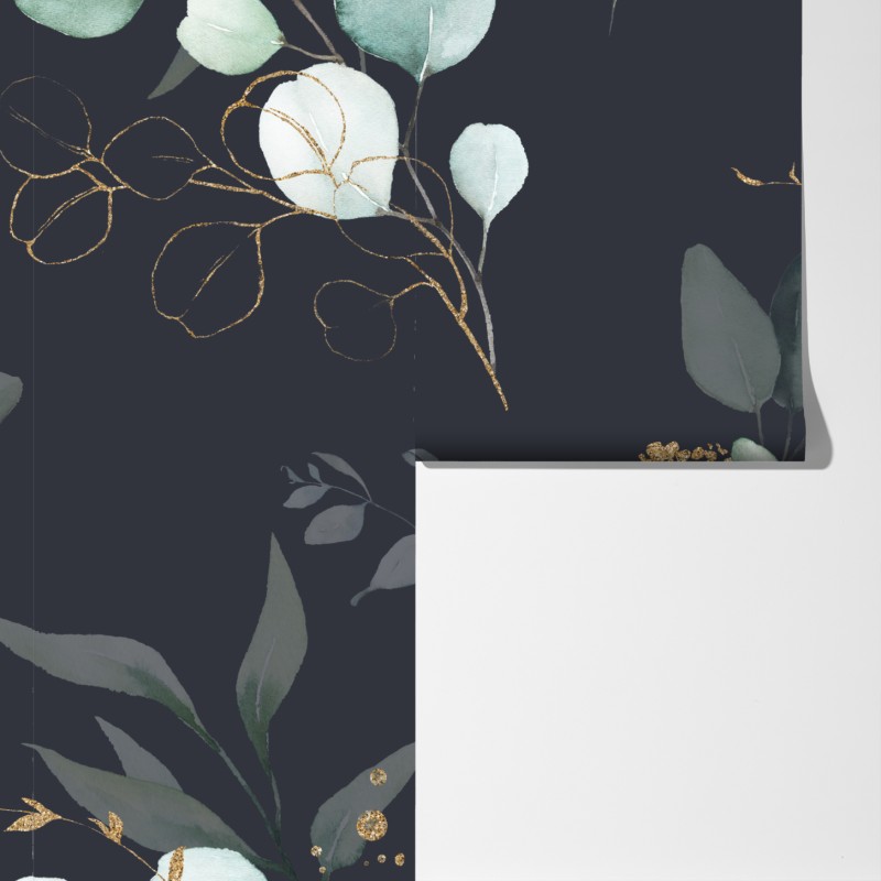 Fototapeta eukaliptusowe liście akwarelowe na ciemnym tle – Wallissimo® Fototapeta eukaliptusowe liście akwarelowe na ciemnym tle – Wallissimo®