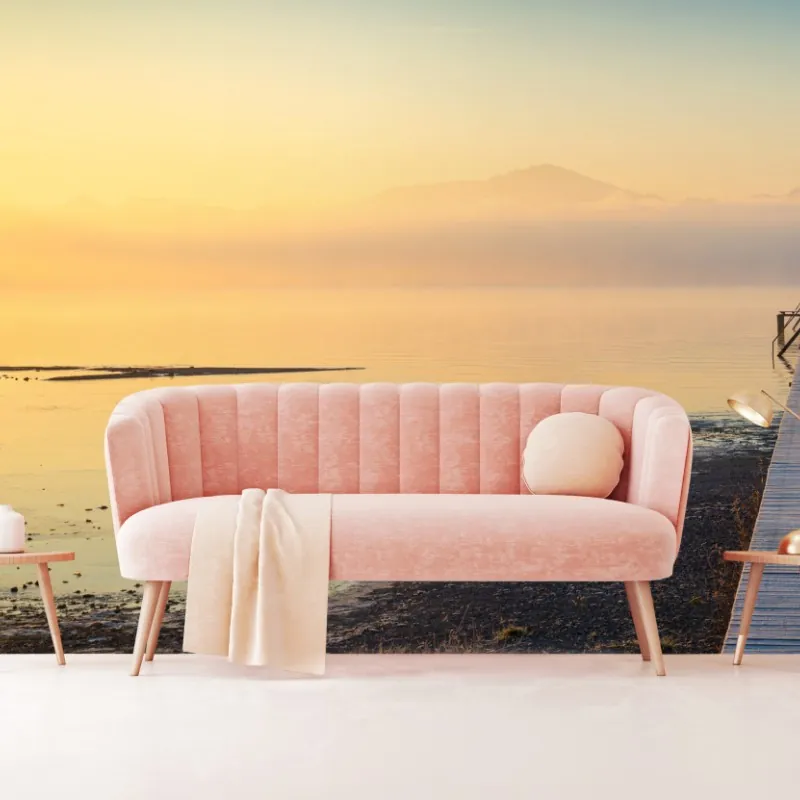 Wall mural misty sunrise over wooden pier