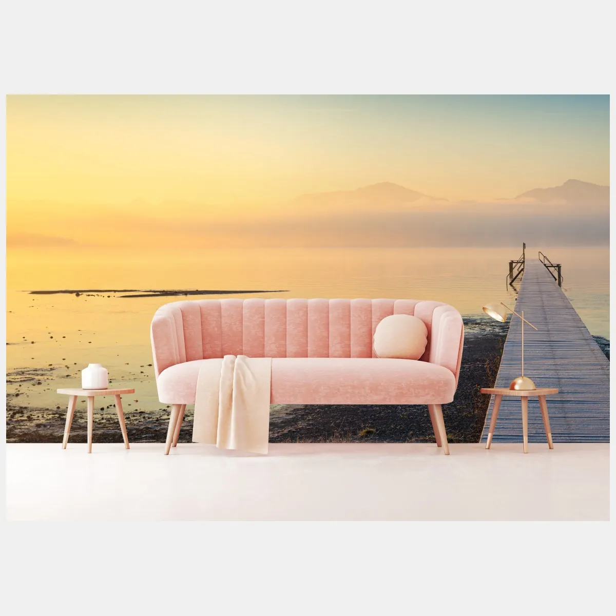 Fototapeta mglisty wschód nad drewnianym molo – Wallissimo® Fototapeta mglisty wschód nad drewnianym molo – Wallissimo®