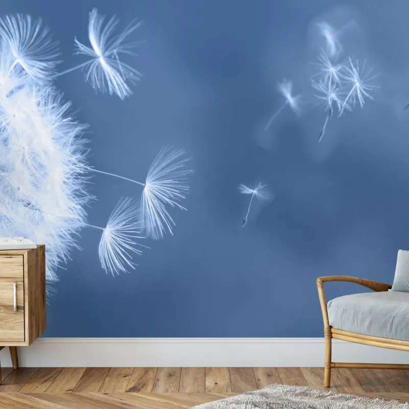 Wall mural gentle dandelion seeds in blue