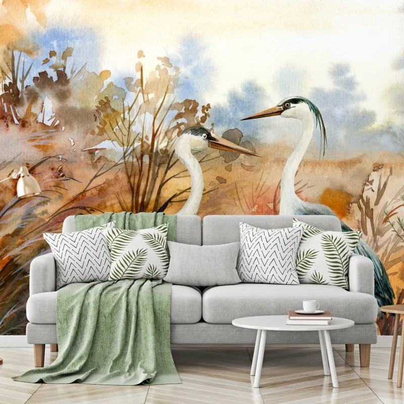 Wall mural two herons in autumn marsh