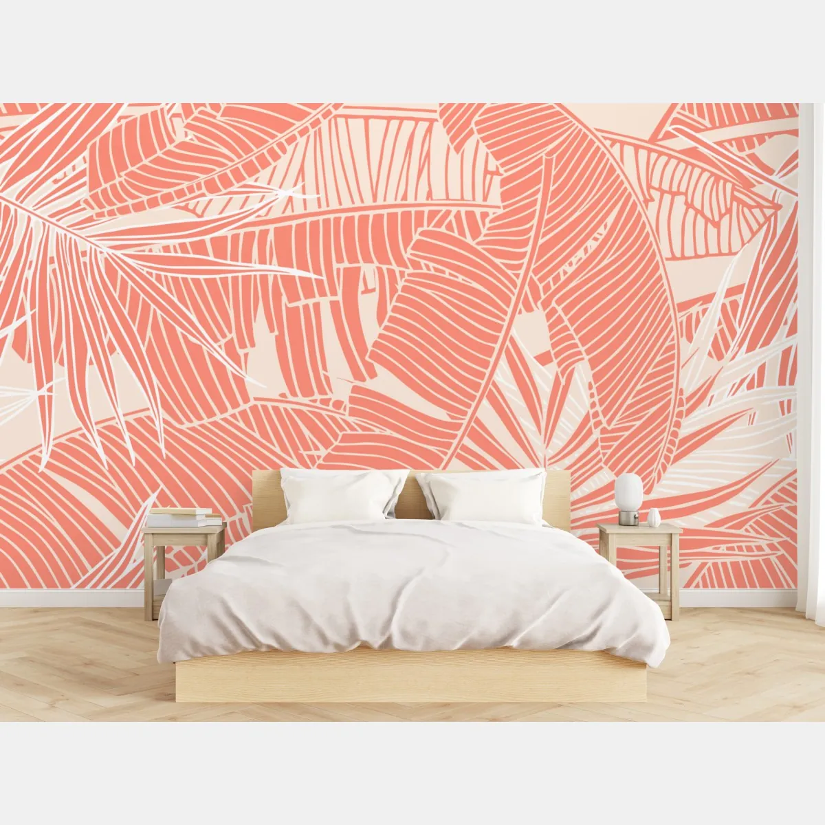 Fototapeta koralowy wzór tropikalnych liści – Wallissimo® Fototapeta koralowy wzór tropikalnych liści – Wallissimo®
