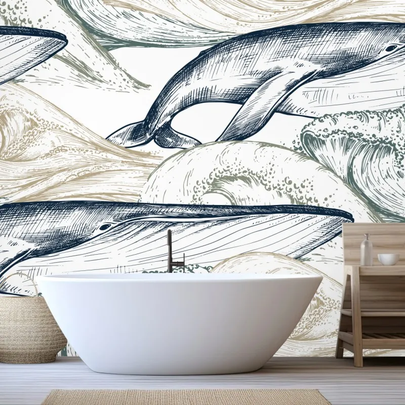 Wall mural hand-drawn whales and ocean waves pattern
