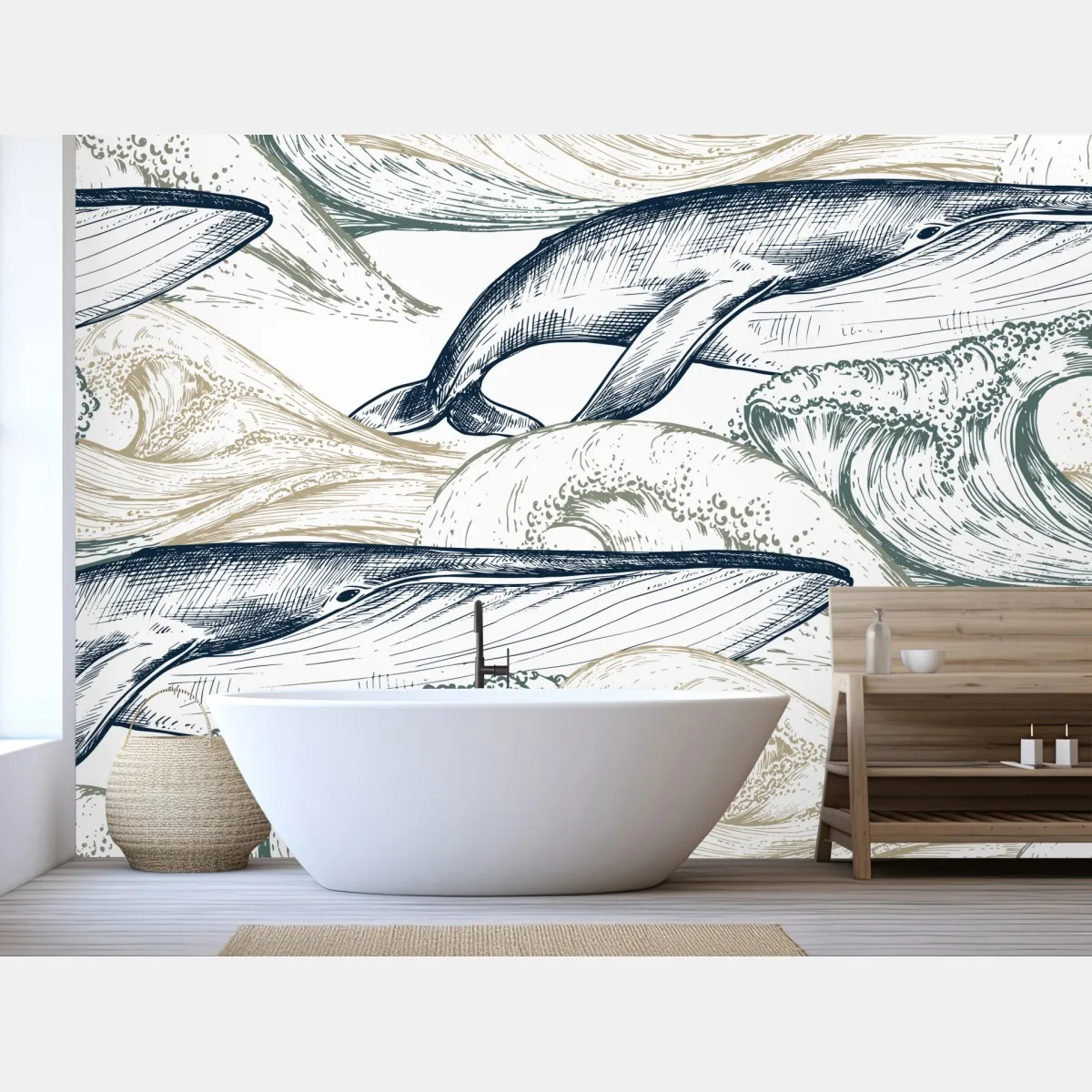 Fototapeta rysunek wielorybów i morskich fal – Wallissimo® Fototapeta rysunek wielorybów i morskich fal – Wallissimo®