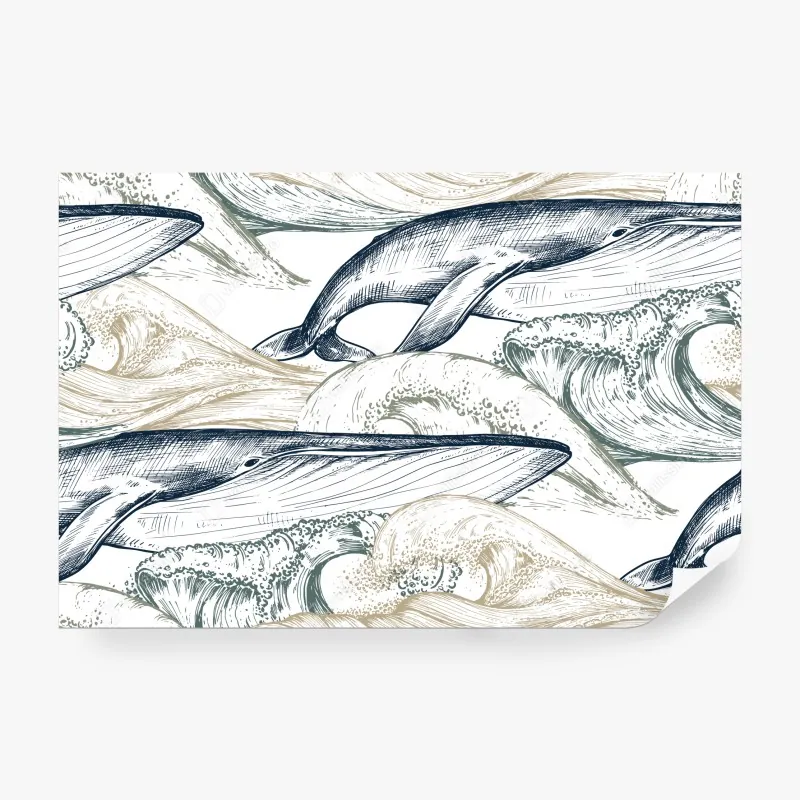 Wall mural hand-drawn whales and ocean waves pattern