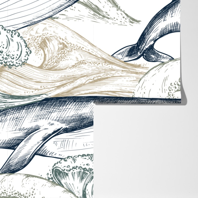 Fototapeta rysunek wielorybów i morskich fal – Wallissimo® Fototapeta rysunek wielorybów i morskich fal – Wallissimo®