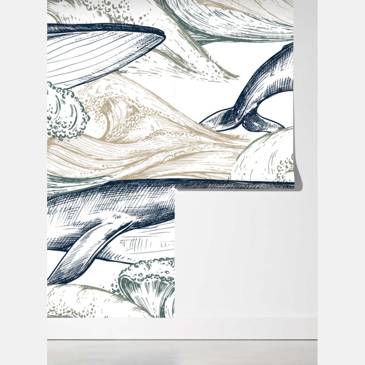 Fototapeta rysunek wielorybów i morskich fal – Wallissimo® Fototapeta rysunek wielorybów i morskich fal – Wallissimo®