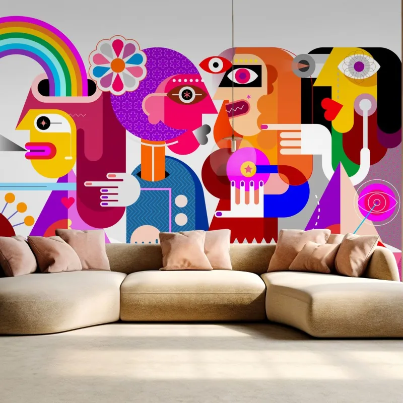 Wall mural man with rainbow riding geometric bird