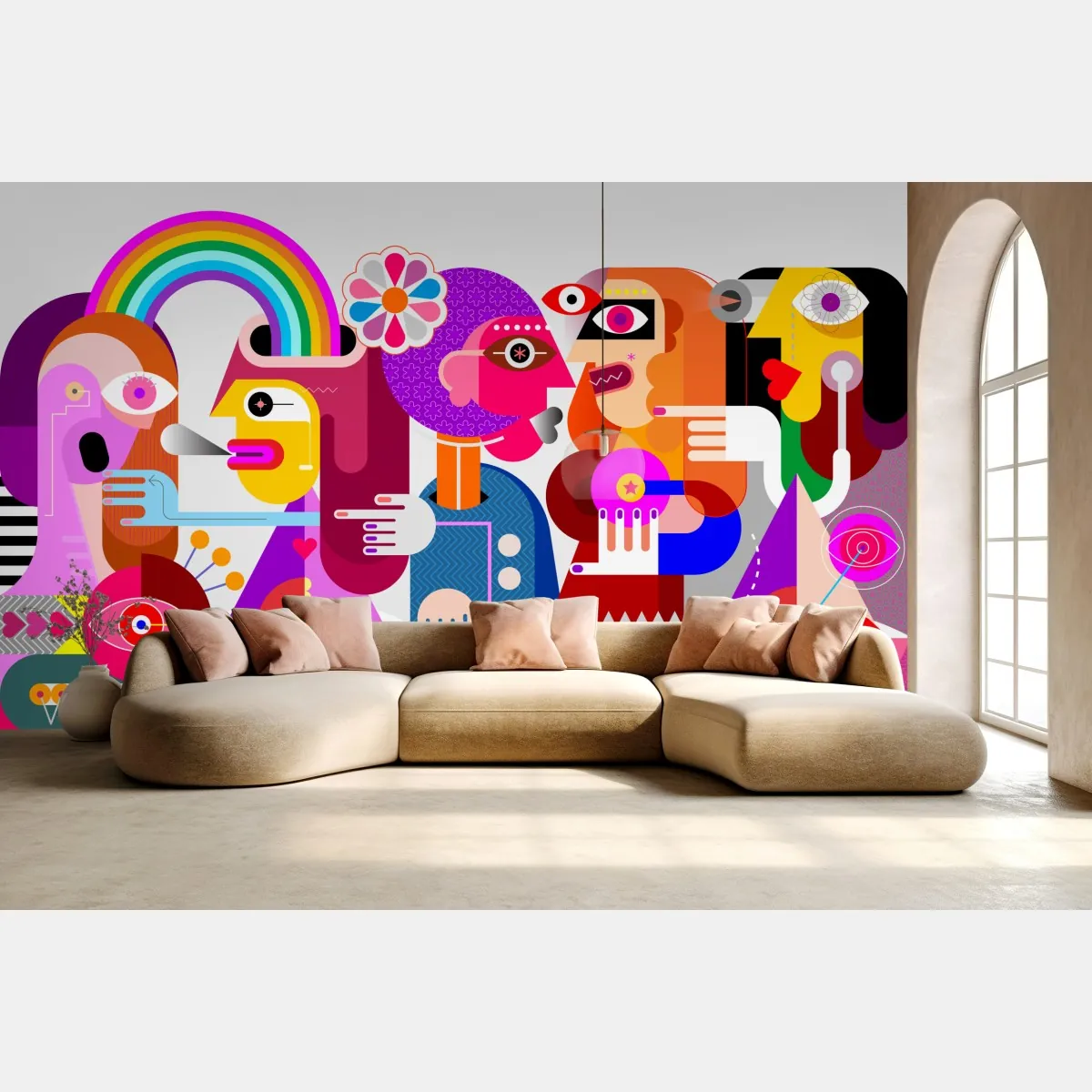 Fototapeta mężczyzna z tęczą jadący na geometrycznym ptaku – Wallissimo® Fototapeta mężczyzna z tęczą jadący na geometrycznym ptaku – Wallissimo®