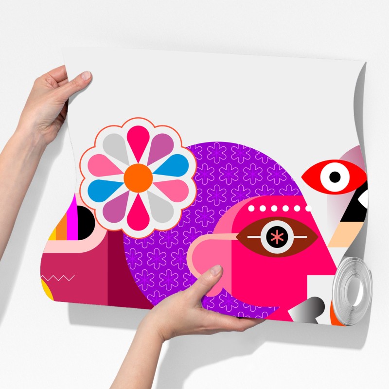 Fototapeta mężczyzna z tęczą jadący na geometrycznym ptaku – Wallissimo® Fototapeta mężczyzna z tęczą jadący na geometrycznym ptaku – Wallissimo®