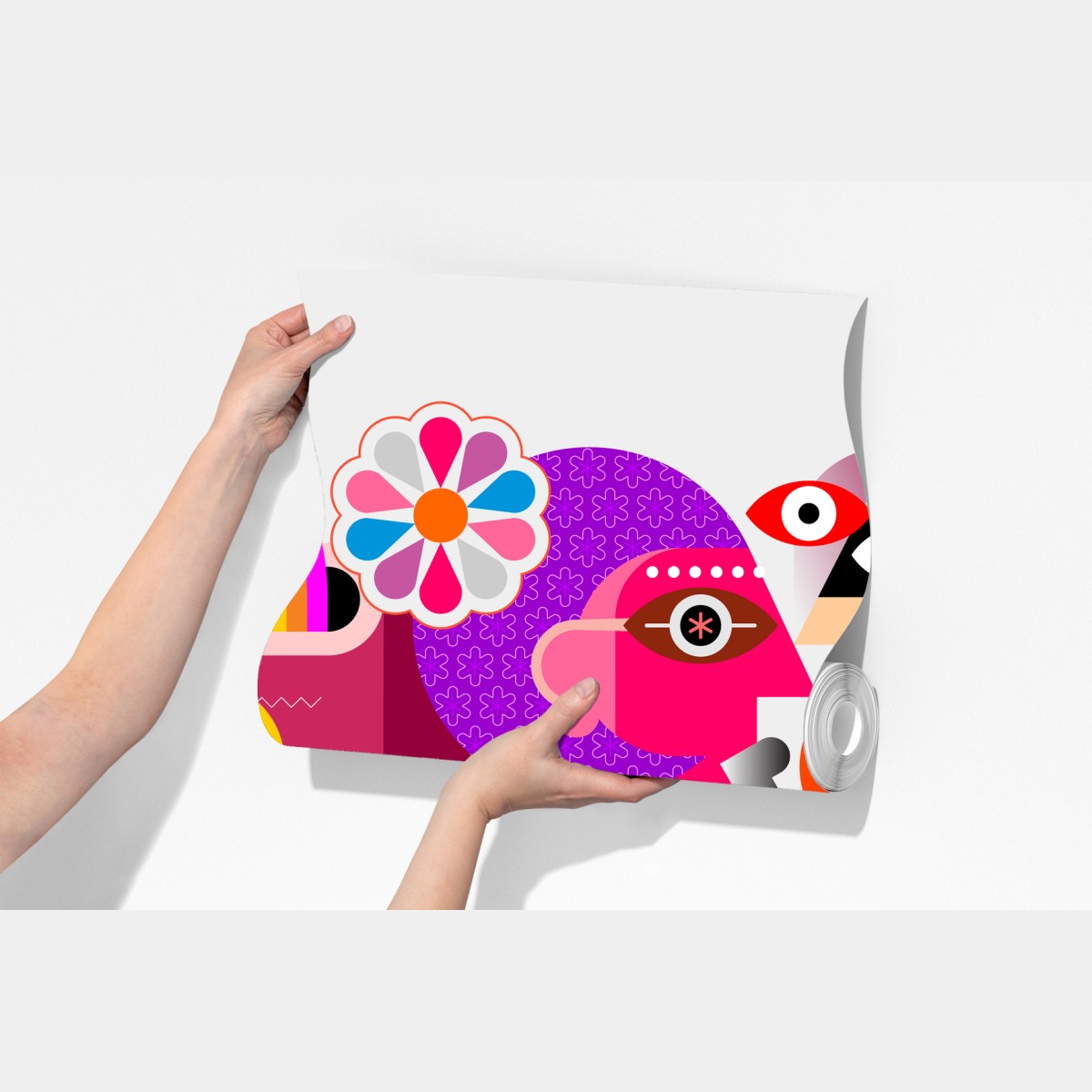 Fototapeta mężczyzna z tęczą jadący na geometrycznym ptaku – Wallissimo® Fototapeta mężczyzna z tęczą jadący na geometrycznym ptaku – Wallissimo®