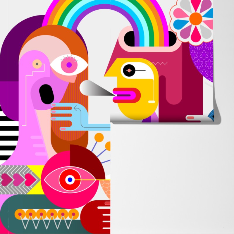 Fototapeta mężczyzna z tęczą jadący na geometrycznym ptaku – Wallissimo® Fototapeta mężczyzna z tęczą jadący na geometrycznym ptaku – Wallissimo®