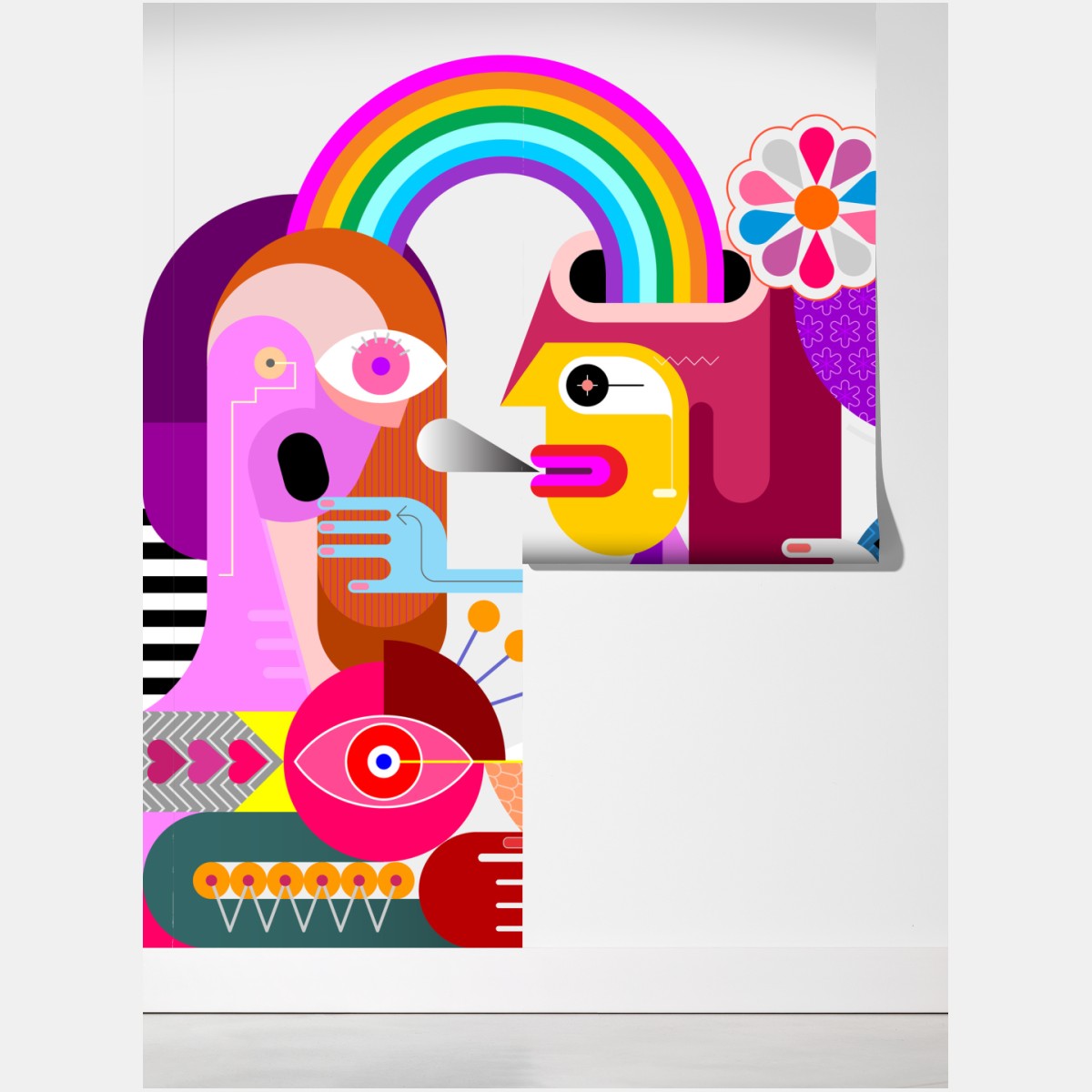 Fototapeta mężczyzna z tęczą jadący na geometrycznym ptaku – Wallissimo® Fototapeta mężczyzna z tęczą jadący na geometrycznym ptaku – Wallissimo®