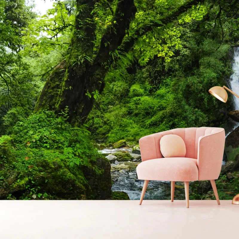 Wall mural lush green waterfall forest landscape
