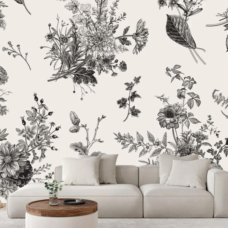 Wall mural classic black and white floral pattern