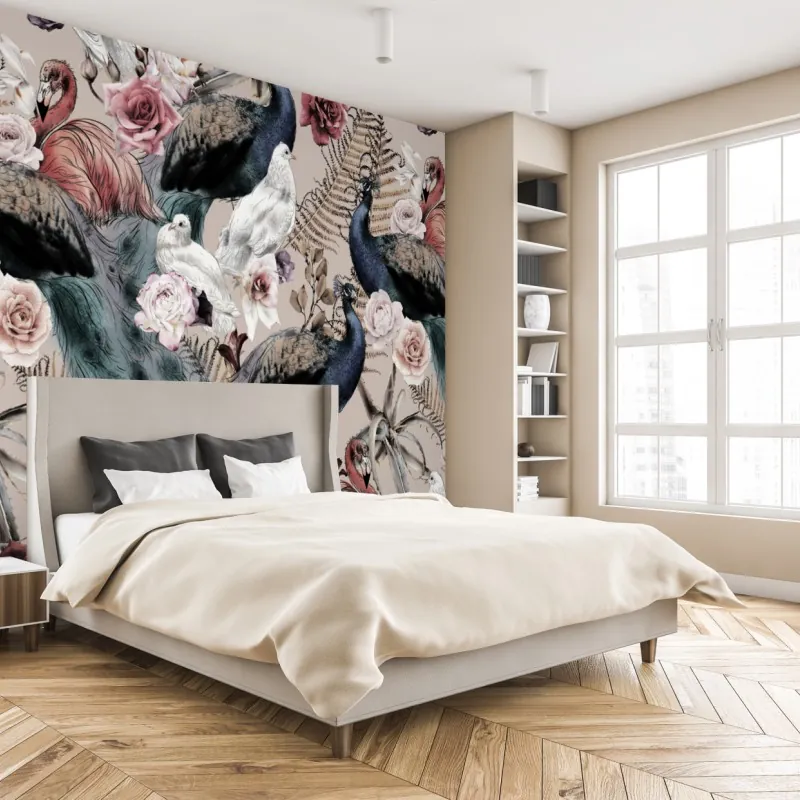 Wall mural watercolor birds and roses pattern