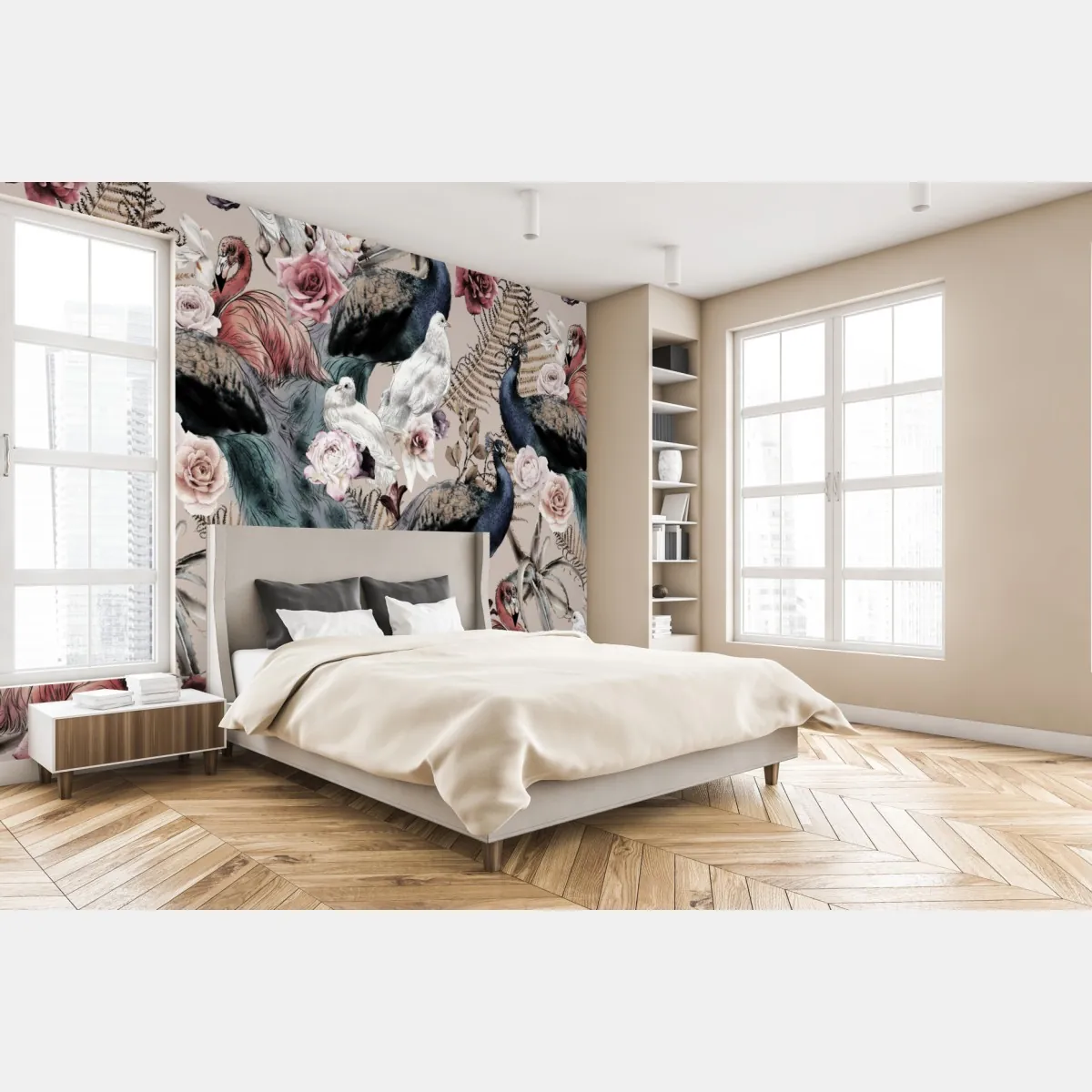 Fototapeta akwarelowy wzór z ptakami i różami – Wallissimo® Fototapeta akwarelowy wzór z ptakami i różami – Wallissimo®