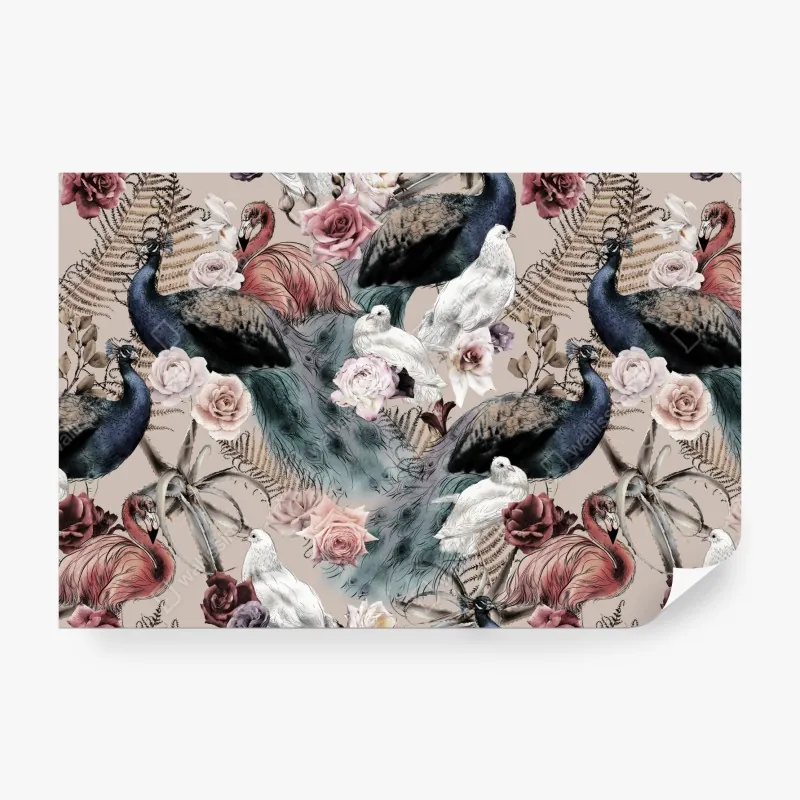 Wall mural watercolor birds and roses pattern