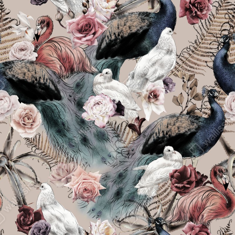 Fototapeta akwarelowy wzór z ptakami i różami – Wallissimo® Fototapeta akwarelowy wzór z ptakami i różami – Wallissimo®
