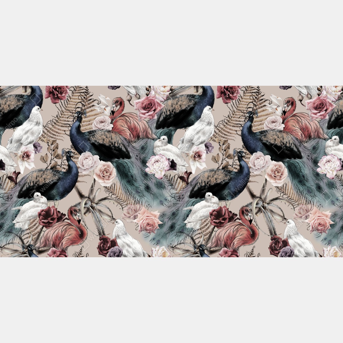 Fototapeta akwarelowy wzór z ptakami i różami – Wallissimo® Fototapeta akwarelowy wzór z ptakami i różami – Wallissimo®