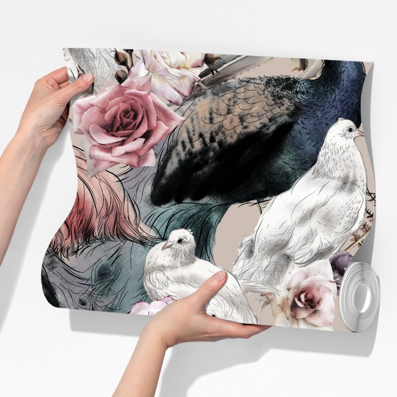 Fototapeta akwarelowy wzór z ptakami i różami – Wallissimo® Fototapeta akwarelowy wzór z ptakami i różami – Wallissimo®