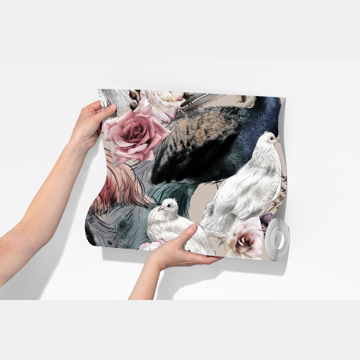 Fototapeta akwarelowy wzór z ptakami i różami – Wallissimo® Fototapeta akwarelowy wzór z ptakami i różami – Wallissimo®