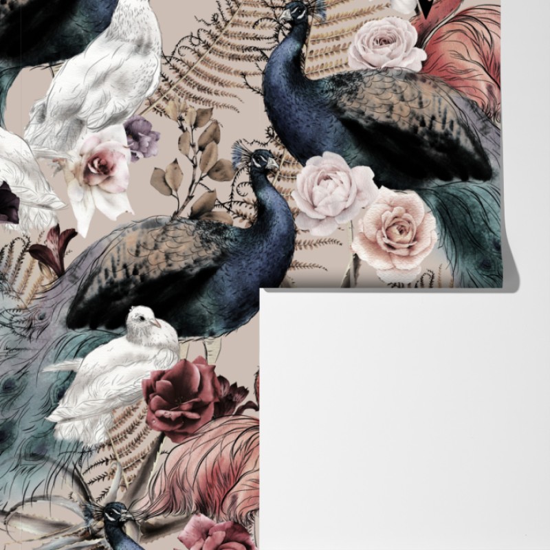 Fototapeta akwarelowy wzór z ptakami i różami – Wallissimo® Fototapeta akwarelowy wzór z ptakami i różami – Wallissimo®