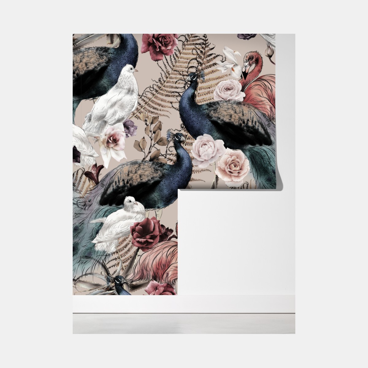 Fototapeta akwarelowy wzór z ptakami i różami – Wallissimo® Fototapeta akwarelowy wzór z ptakami i różami – Wallissimo®