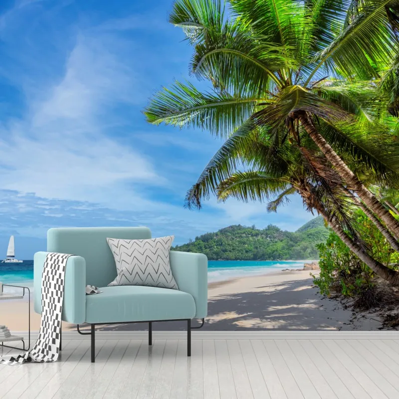 Wall mural tropical beach with palm trees and sailboat