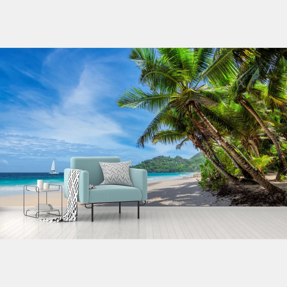 Fototapeta tropikalna plaża z palmami i żaglówką – Wallissimo® Fototapeta tropikalna plaża z palmami i żaglówką – Wallissimo®