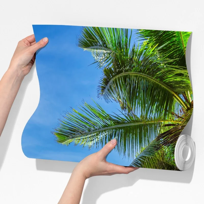Fototapeta tropikalna plaża z palmami i żaglówką – Wallissimo® Fototapeta tropikalna plaża z palmami i żaglówką – Wallissimo®
