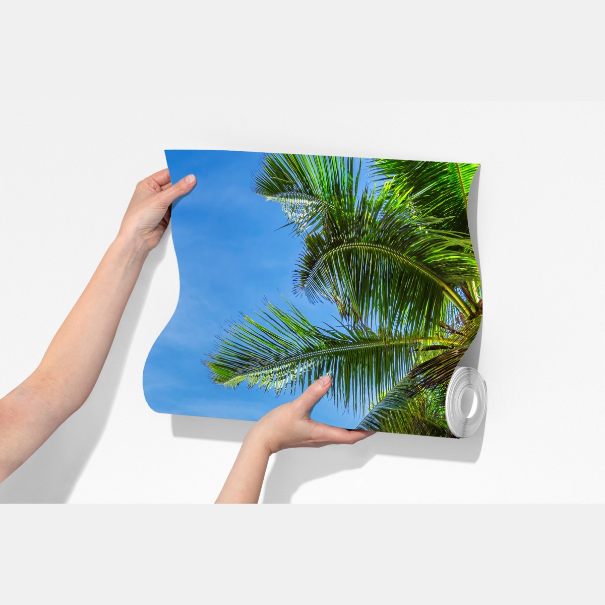 Fototapeta tropikalna plaża z palmami i żaglówką – Wallissimo® Fototapeta tropikalna plaża z palmami i żaglówką – Wallissimo®