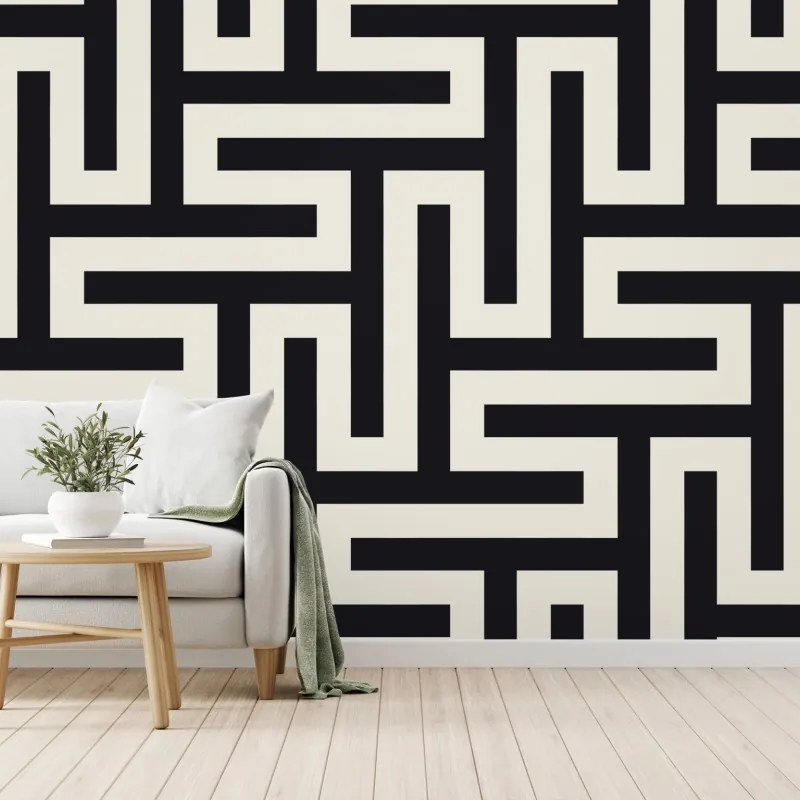 Wall mural geometric maze pattern in beige and black