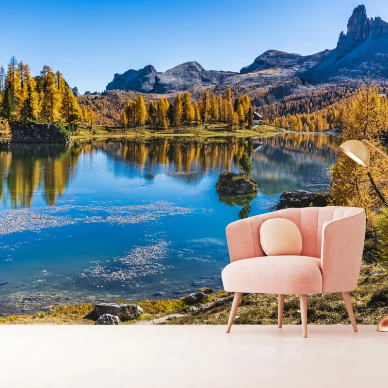 Wall mural autumn alpine lake with mountain reflections