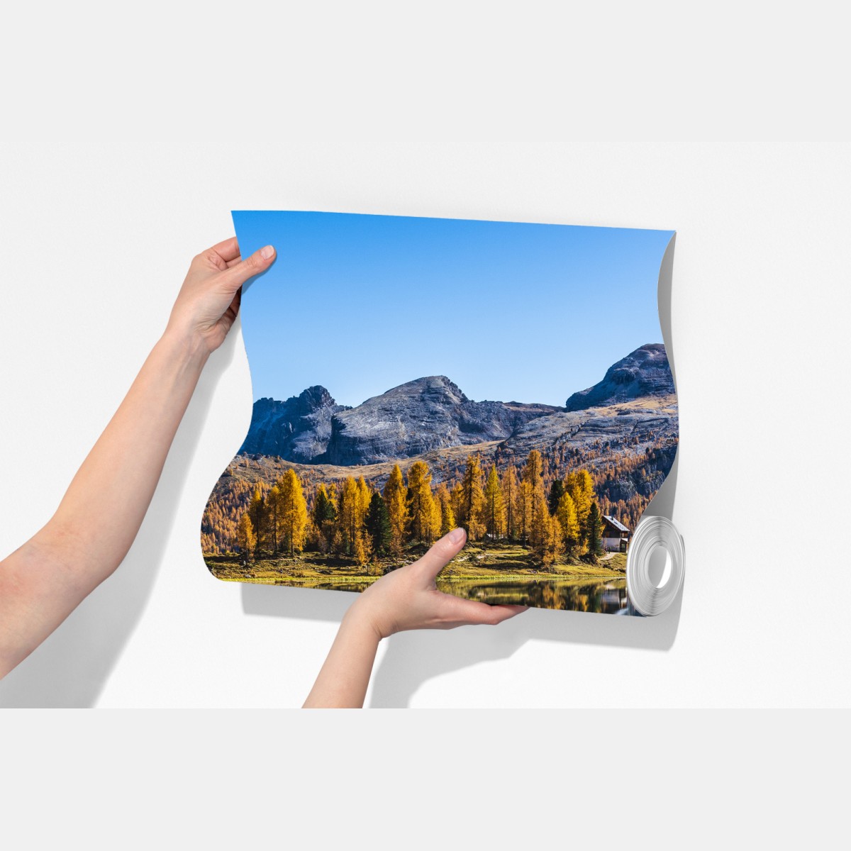 Fototapeta jesienne alpejskie jezioro z odbiciami gór – Wallissimo® Fototapeta jesienne alpejskie jezioro z odbiciami gór – Wallissimo®