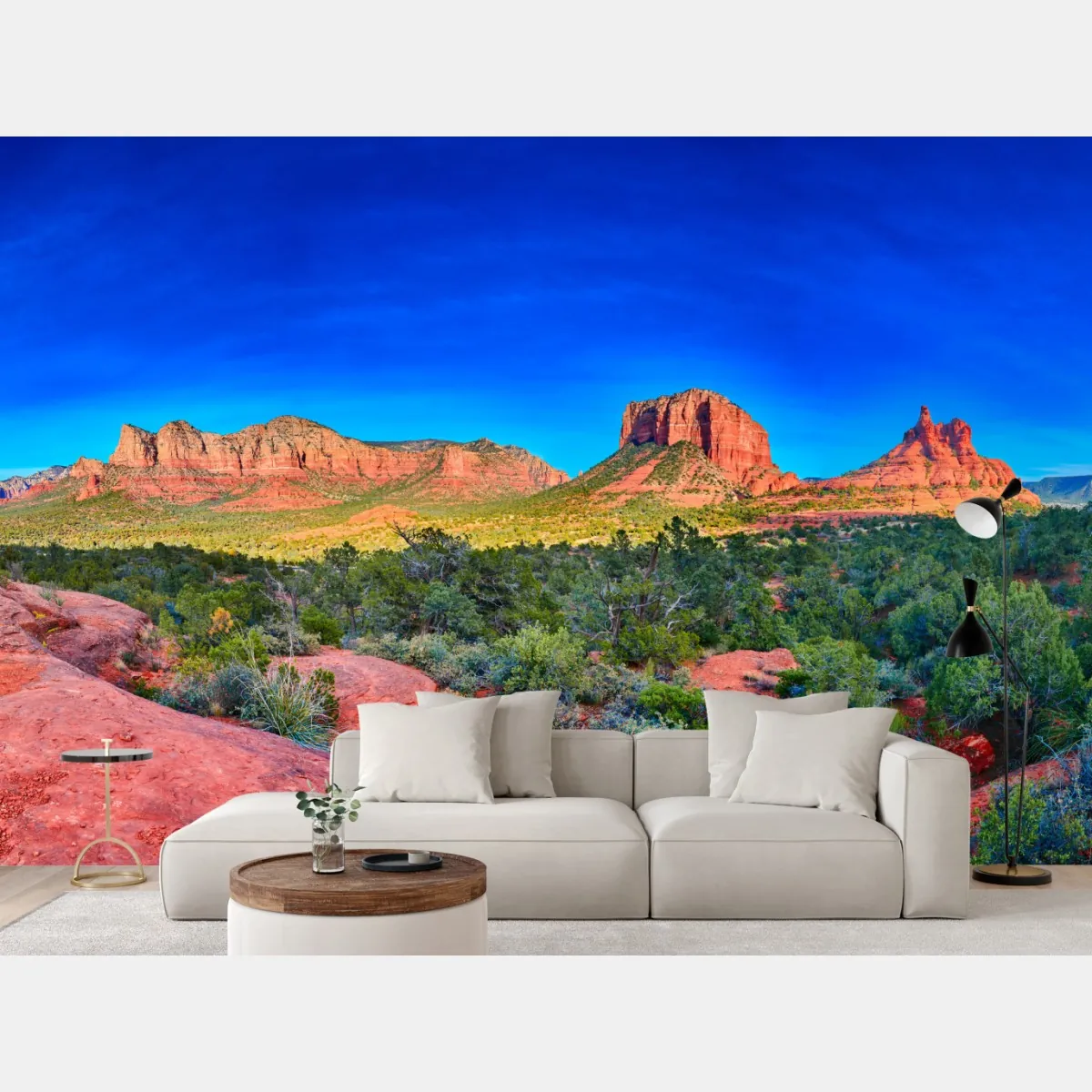 Fototapeta panoramiczny widok na Bell Rock i Courthouse Butte, Sedona – Wallissimo® Fototapeta panoramiczny widok na Bell Rock i Courthouse Butte, Sedona – Wallissimo®
