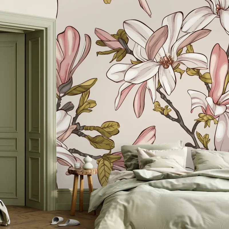 Wall mural blush magnolia botanical pattern