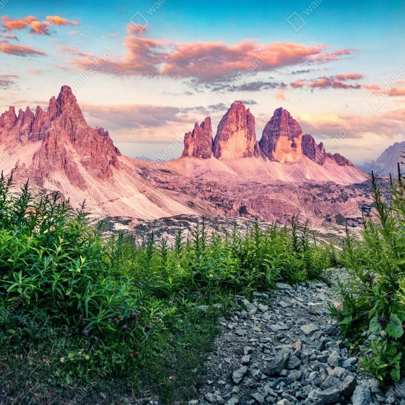 Fototapeta zachód słońca w Tre Cime di Lavaredo – Wallissimo® Fototapeta zachód słońca w Tre Cime di Lavaredo – Wallissimo®