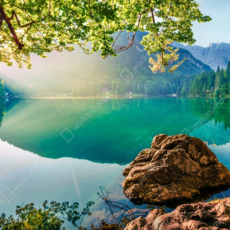 Fototapeta poranek nad jeziorem Fusine z Mangartem – Wallissimo® Fototapeta poranek nad jeziorem Fusine z Mangartem – Wallissimo®