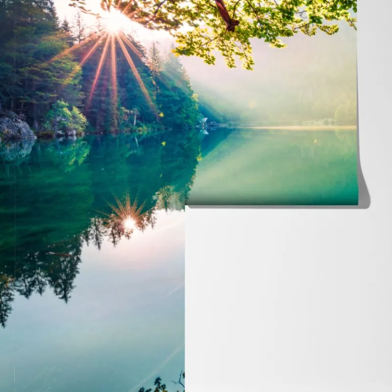 Fototapeta poranek nad jeziorem Fusine z Mangartem – Wallissimo® Fototapeta poranek nad jeziorem Fusine z Mangartem – Wallissimo®