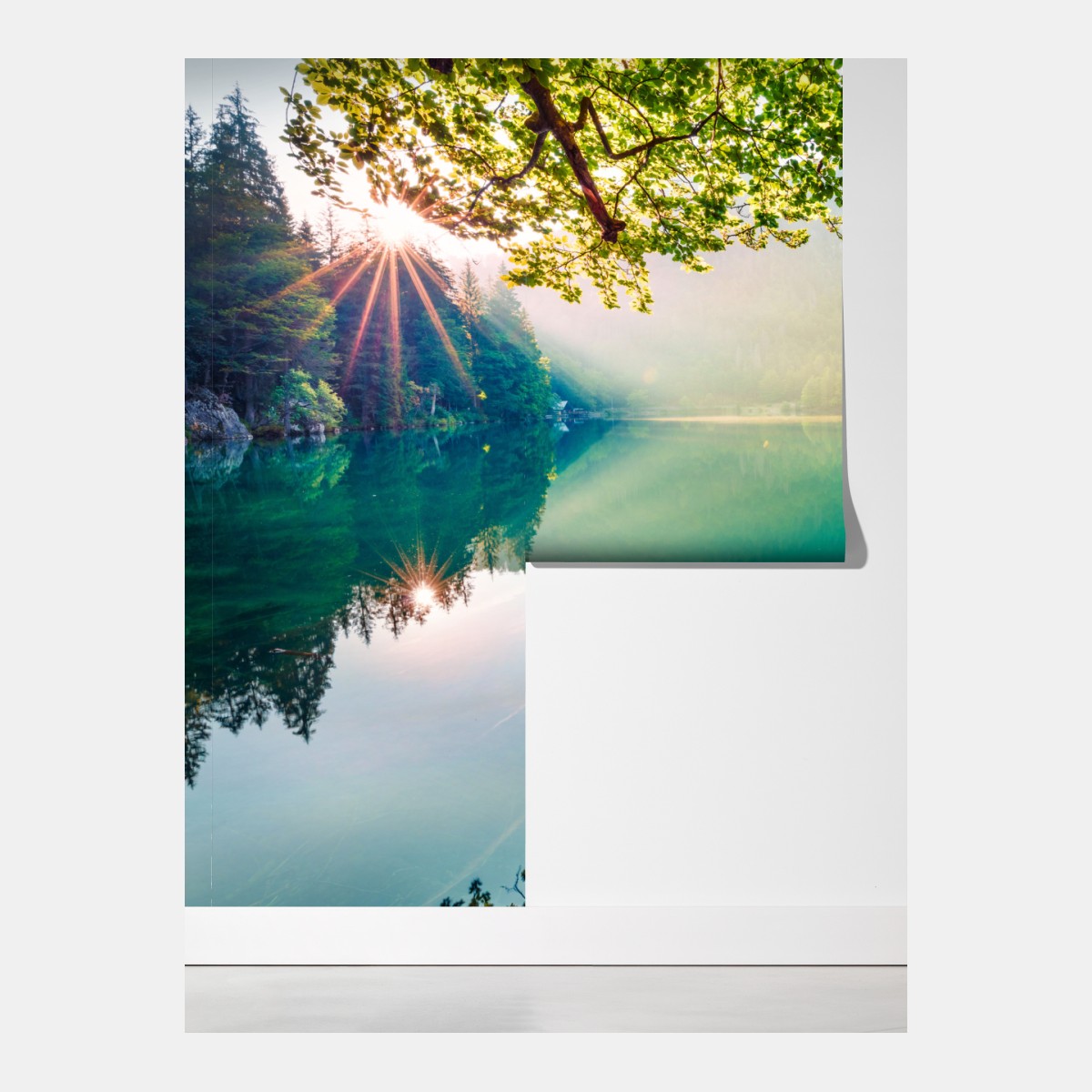 Fototapeta poranek nad jeziorem Fusine z Mangartem – Wallissimo® Fototapeta poranek nad jeziorem Fusine z Mangartem – Wallissimo®