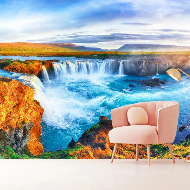 Fototapeta panorama wodospadu Godafoss o wschodzie słońca – Wallissimo® Fototapeta panorama wodospadu Godafoss o wschodzie słońca – Wallissimo®