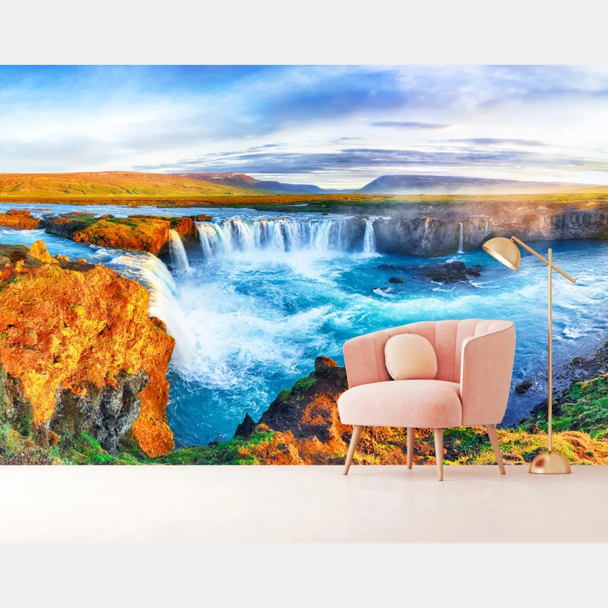 Fototapeta panorama wodospadu Godafoss o wschodzie słońca – Wallissimo® Fototapeta panorama wodospadu Godafoss o wschodzie słońca – Wallissimo®
