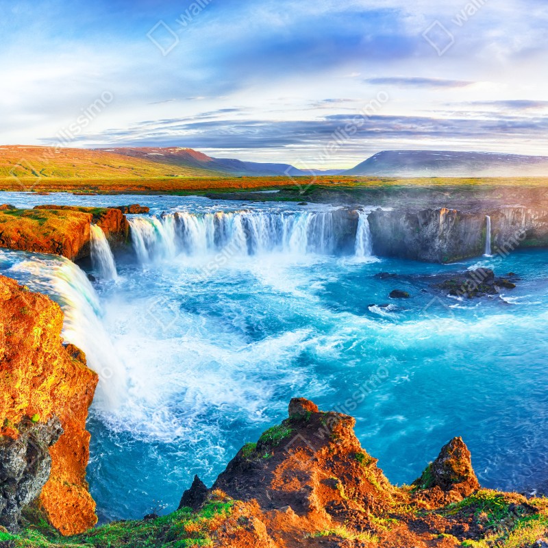 Fototapeta panorama wodospadu Godafoss o wschodzie słońca – Wallissimo® Fototapeta panorama wodospadu Godafoss o wschodzie słońca – Wallissimo®