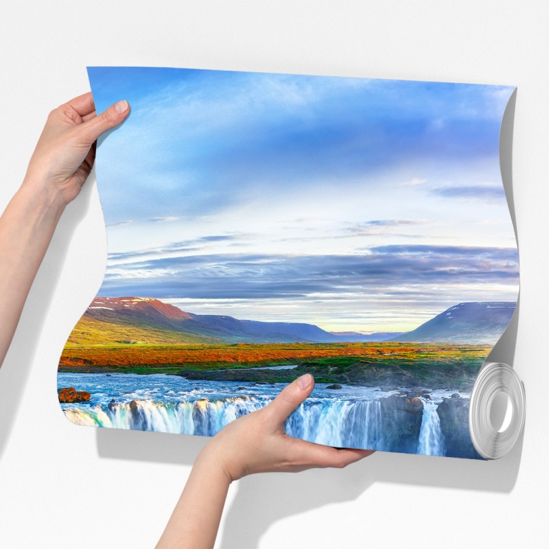 Fototapeta panorama wodospadu Godafoss o wschodzie słońca – Wallissimo® Fototapeta panorama wodospadu Godafoss o wschodzie słońca – Wallissimo®