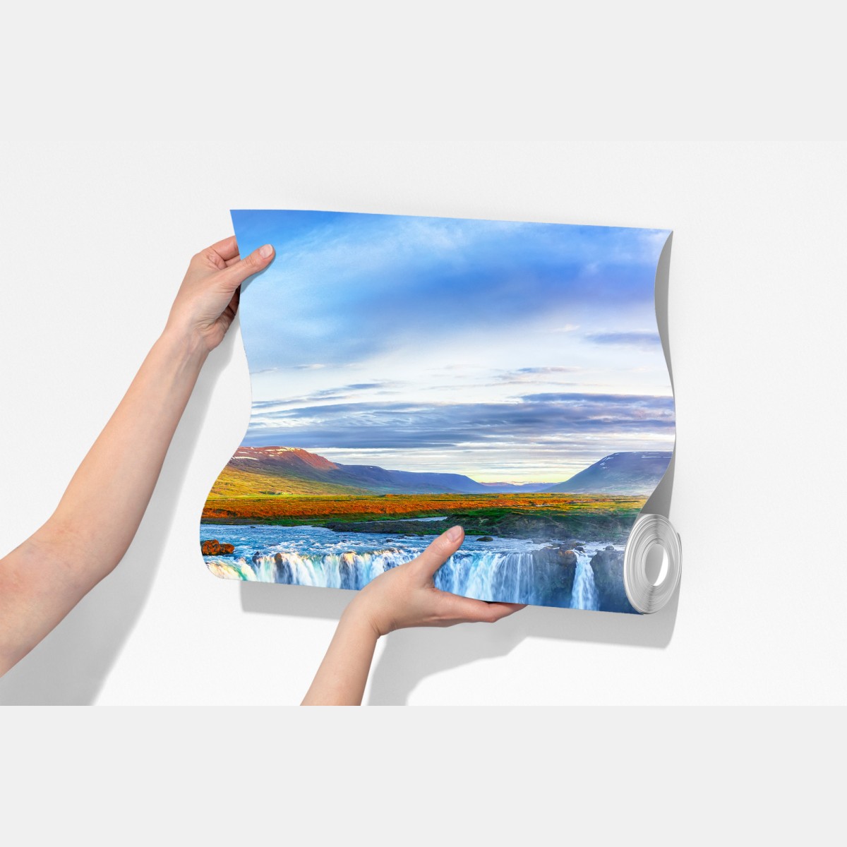 Fototapeta panorama wodospadu Godafoss o wschodzie słońca – Wallissimo® Fototapeta panorama wodospadu Godafoss o wschodzie słońca – Wallissimo®